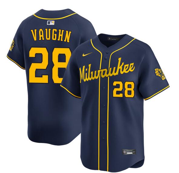 Men's Milwaukee Brewers #28 Andrew Vaughn Navy Alternate Limited Stitched Baseball Jersey Men's Milwaukee Brewers #28 Andrew Vaughn Navy Alternate Limited Stitched Baseball Jersey
